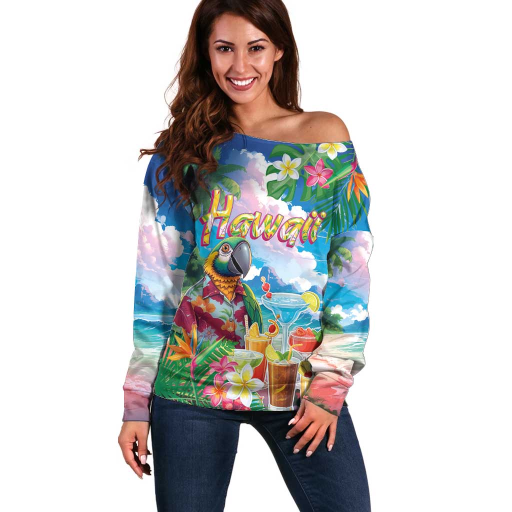 Hawaii Cocktails Off Shoulder Sweater Parrot with Cute Beach Landscape and Tropical Plants