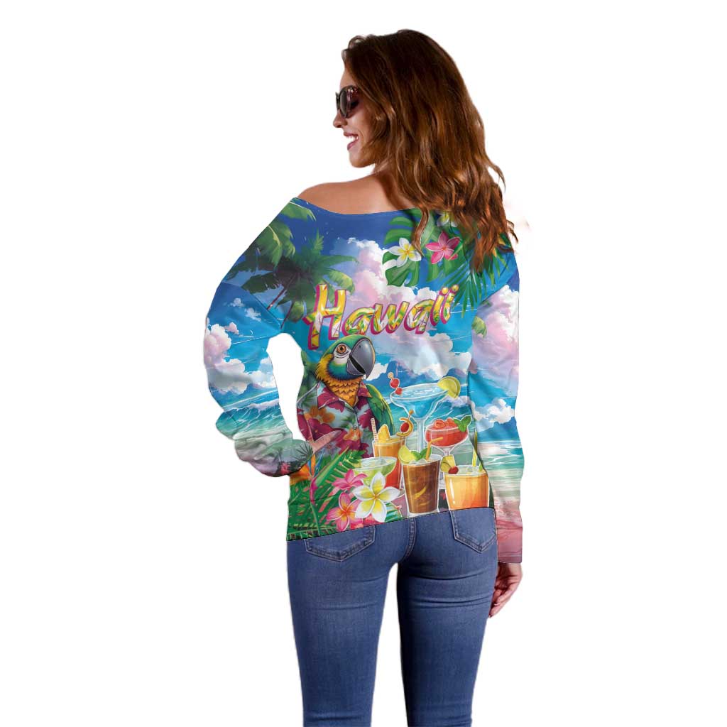 Hawaii Cocktails Off Shoulder Sweater Parrot with Cute Beach Landscape and Tropical Plants