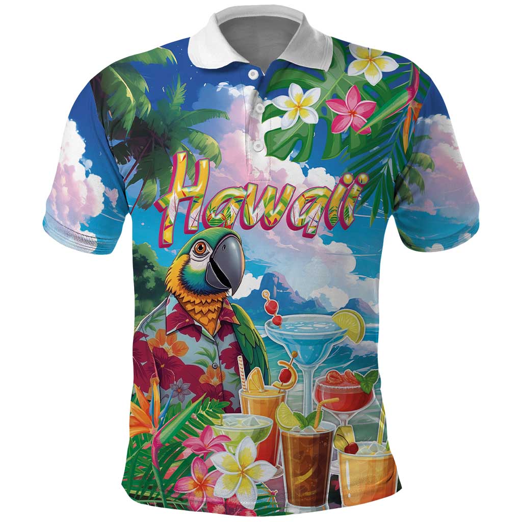 Hawaii Cocktails Polo Shirt Parrot with Cute Beach Landscape and Tropical Plants