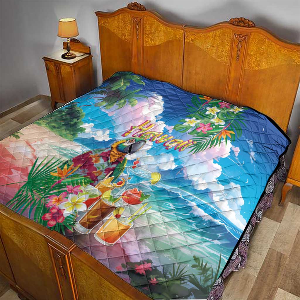 Hawaii Cocktails Quilt Parrot with Cute Beach Landscape and Tropical Plants
