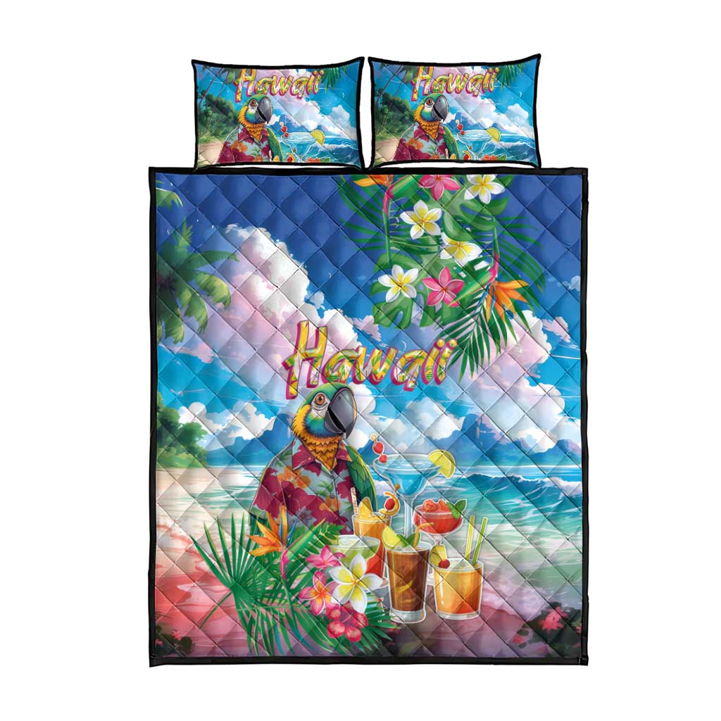 Hawaii Cocktails Quilt Bed Set Parrot with Cute Beach Landscape and Tropical Plants
