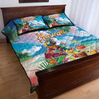 Hawaii Cocktails Quilt Bed Set Parrot with Cute Beach Landscape and Tropical Plants