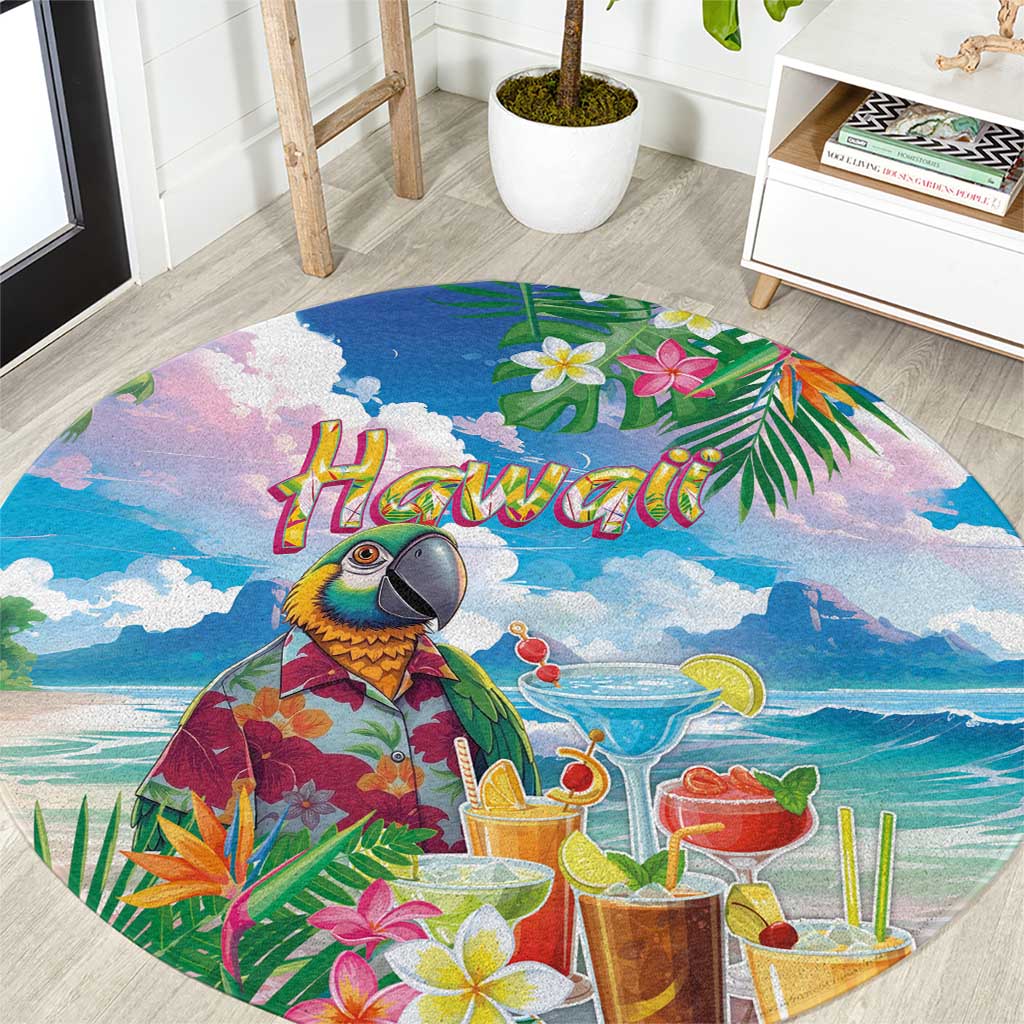 Hawaii Cocktails Round Carpet Parrot with Cute Beach Landscape and Tropical Plants