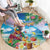 Hawaii Cocktails Round Carpet Parrot with Cute Beach Landscape and Tropical Plants