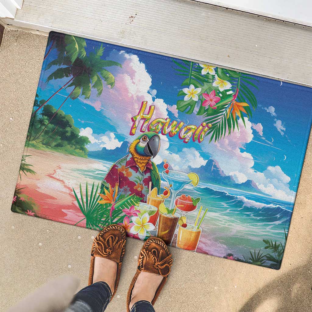 Hawaii Cocktails Rubber Doormat Parrot with Cute Beach Landscape and Tropical Plants