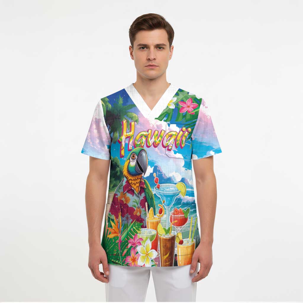 Hawaii Cocktails Scrub Top Parrot with Cute Beach Landscape and Tropical Plants - Polynesian Pride