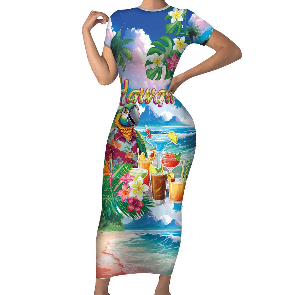 Hawaii Cocktails Short Sleeve Bodycon Dress Parrot with Cute Beach Landscape and Tropical Plants