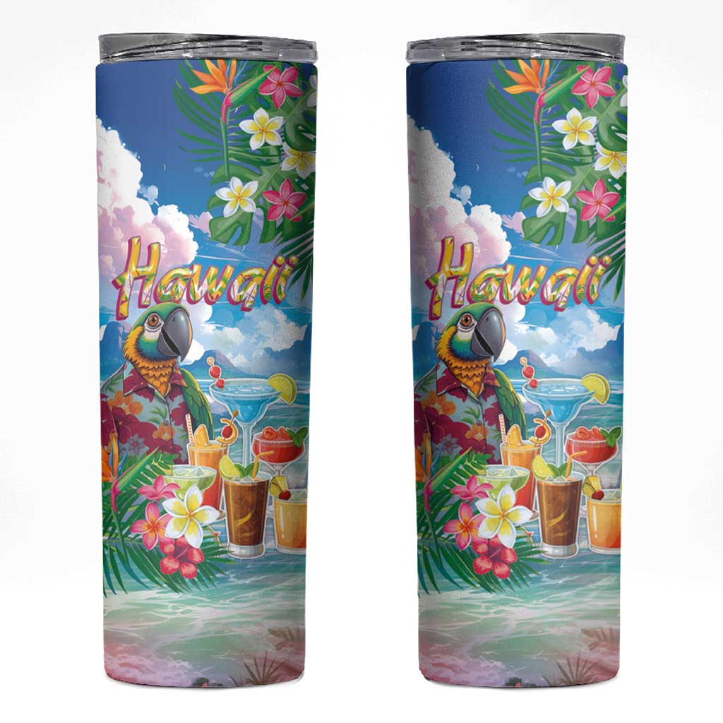 Hawaii Cocktails Skinny Tumbler Parrot with Cute Beach Landscape and Tropical Plants
