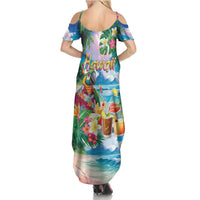Hawaii Cocktails Summer Maxi Dress Parrot with Cute Beach Landscape and Tropical Plants