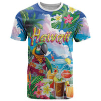 Hawaii Cocktails T Shirt Parrot with Cute Beach Landscape and Tropical Plants