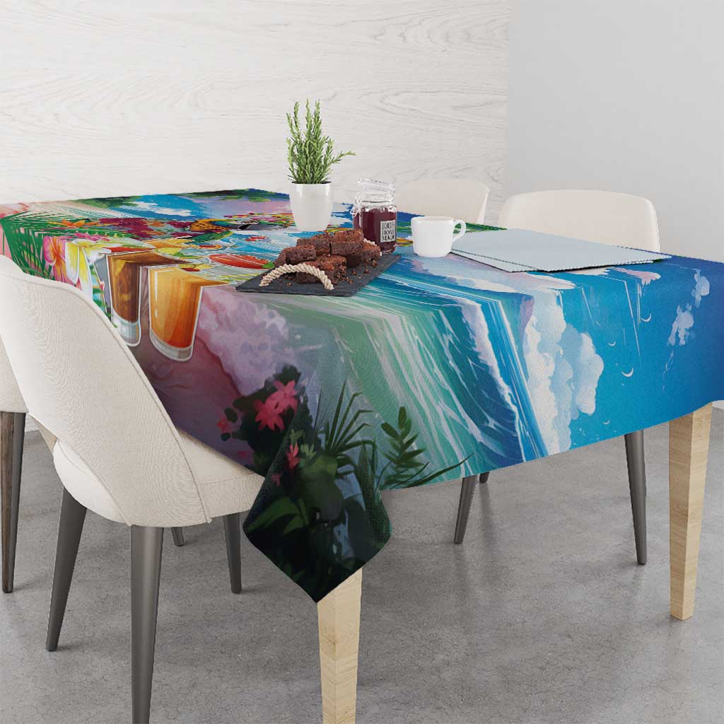 Hawaii Cocktails Tablecloth Parrot with Cute Beach Landscape and Tropical Plants