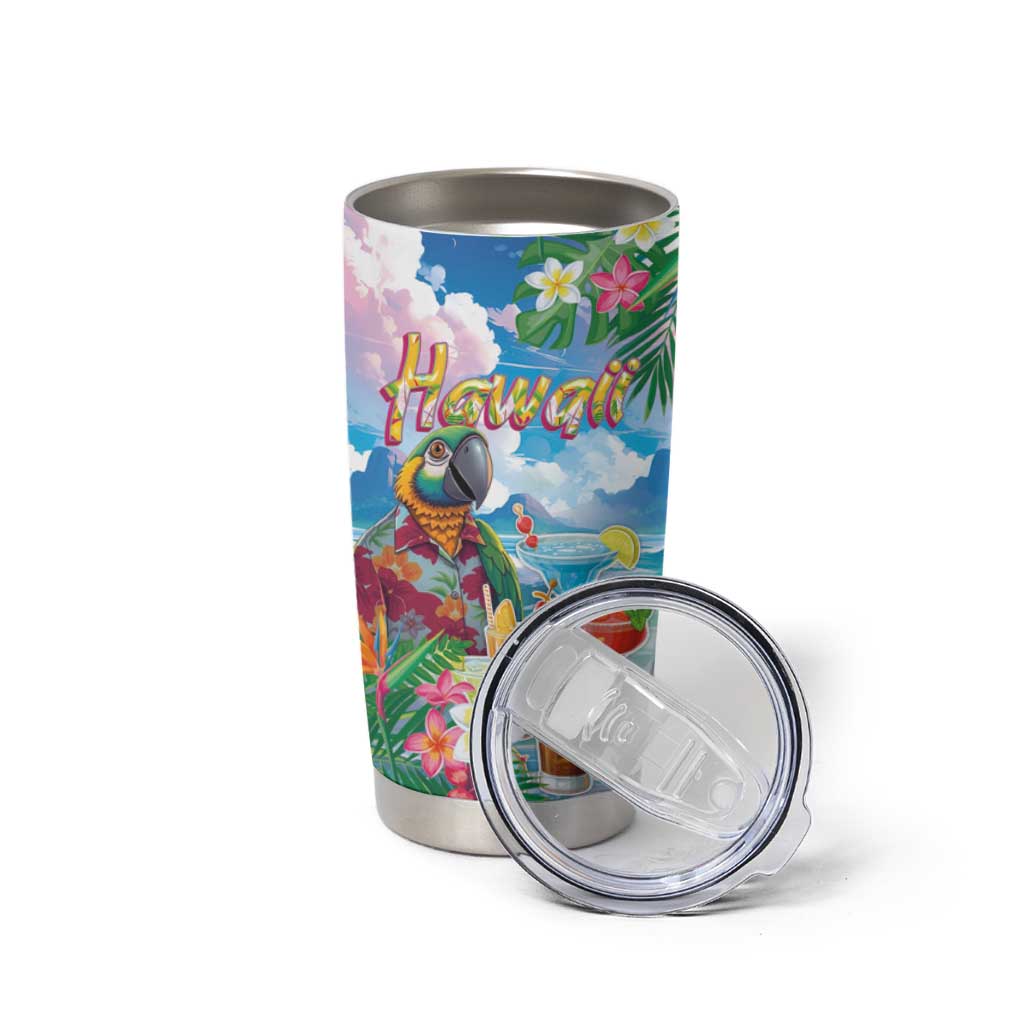 Hawaii Cocktails Tumbler Cup Parrot with Cute Beach Landscape and Tropical Plants