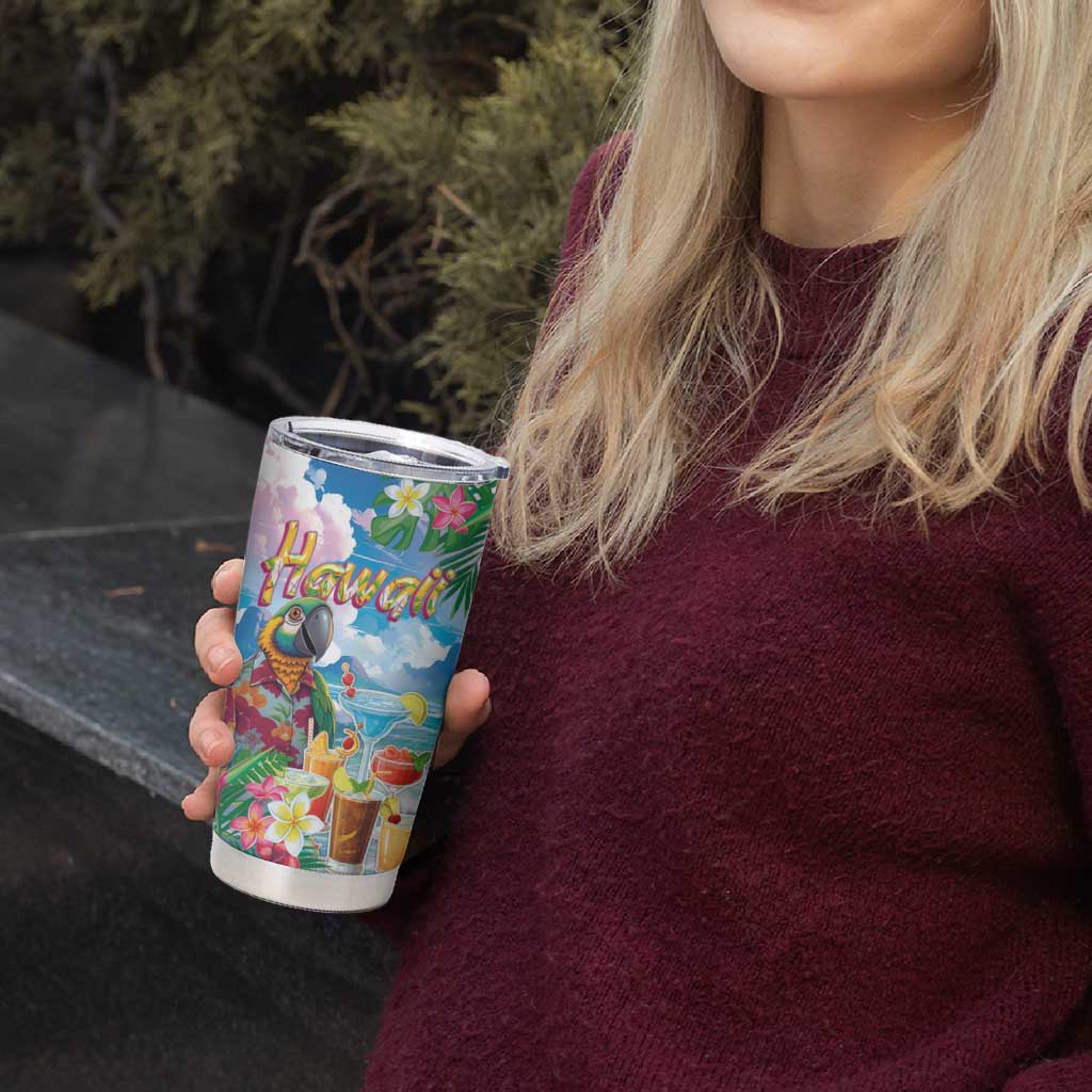 Hawaii Cocktails Tumbler Cup Parrot with Cute Beach Landscape and Tropical Plants
