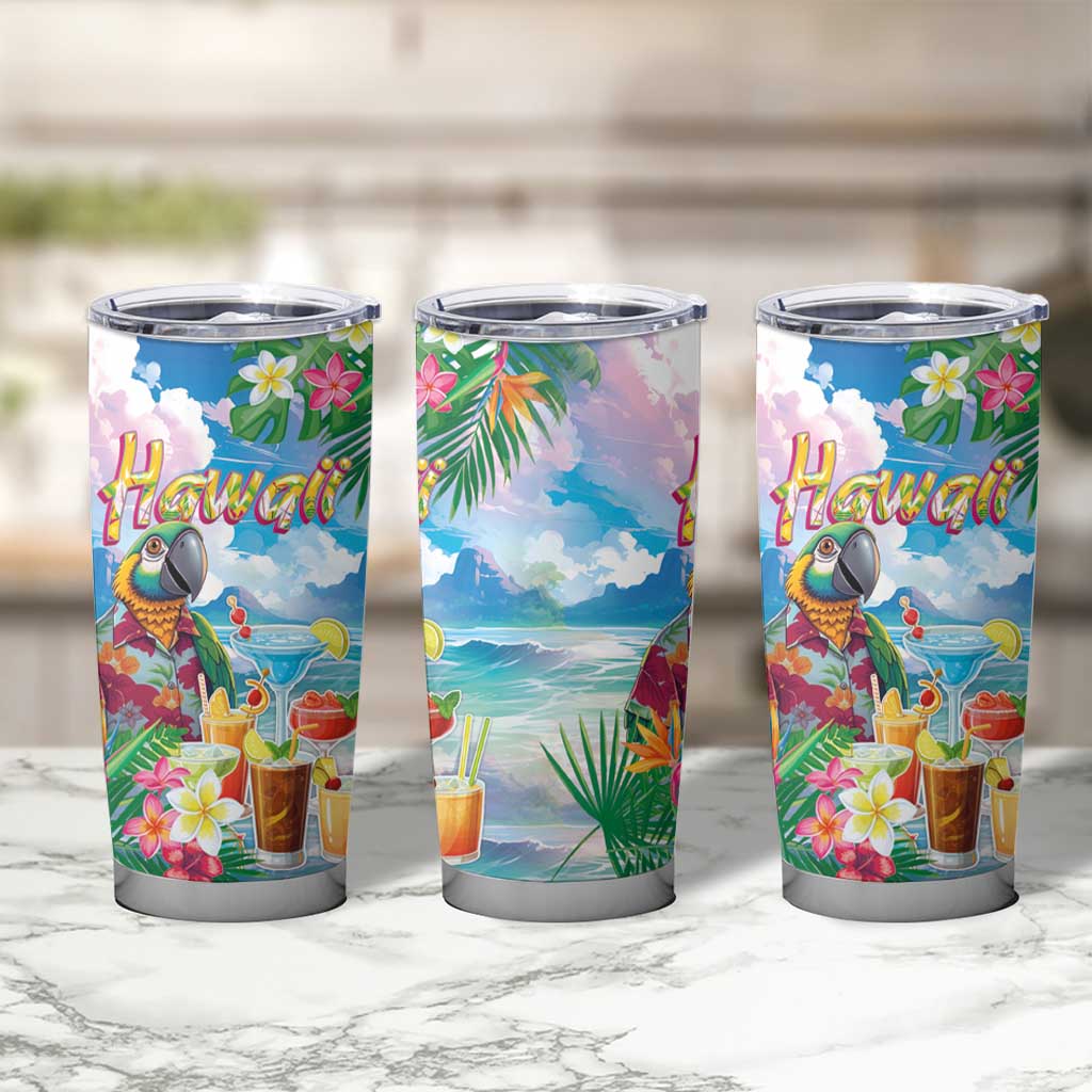 Hawaii Cocktails Tumbler Cup Parrot with Cute Beach Landscape and Tropical Plants