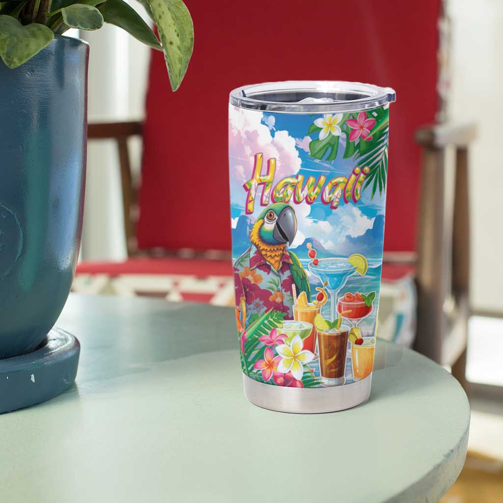 Hawaii Cocktails Tumbler Cup Parrot with Cute Beach Landscape and Tropical Plants