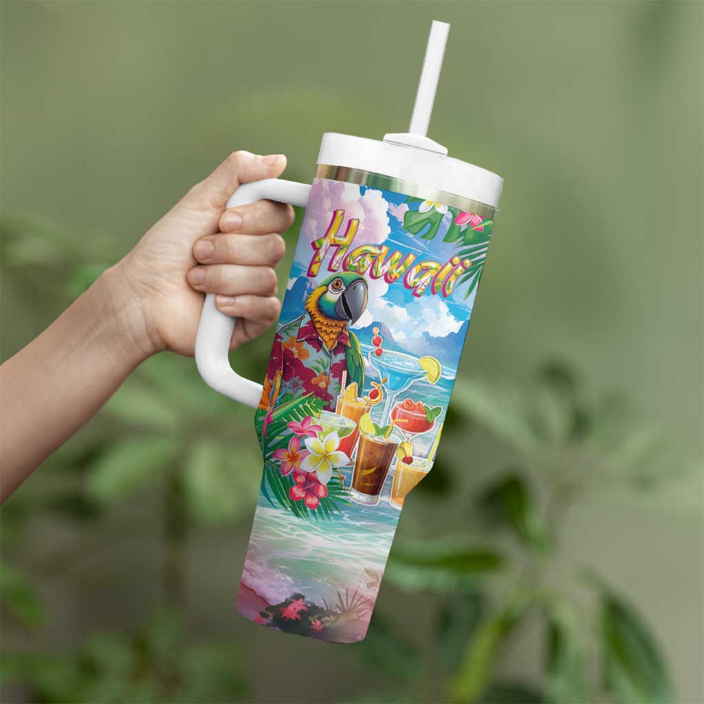 Hawaii Cocktails Tumbler With Handle Parrot with Cute Beach Landscape and Tropical Plants