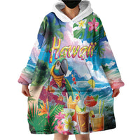 Hawaii Cocktails Wearable Blanket Hoodie Parrot with Cute Beach Landscape and Tropical Plants