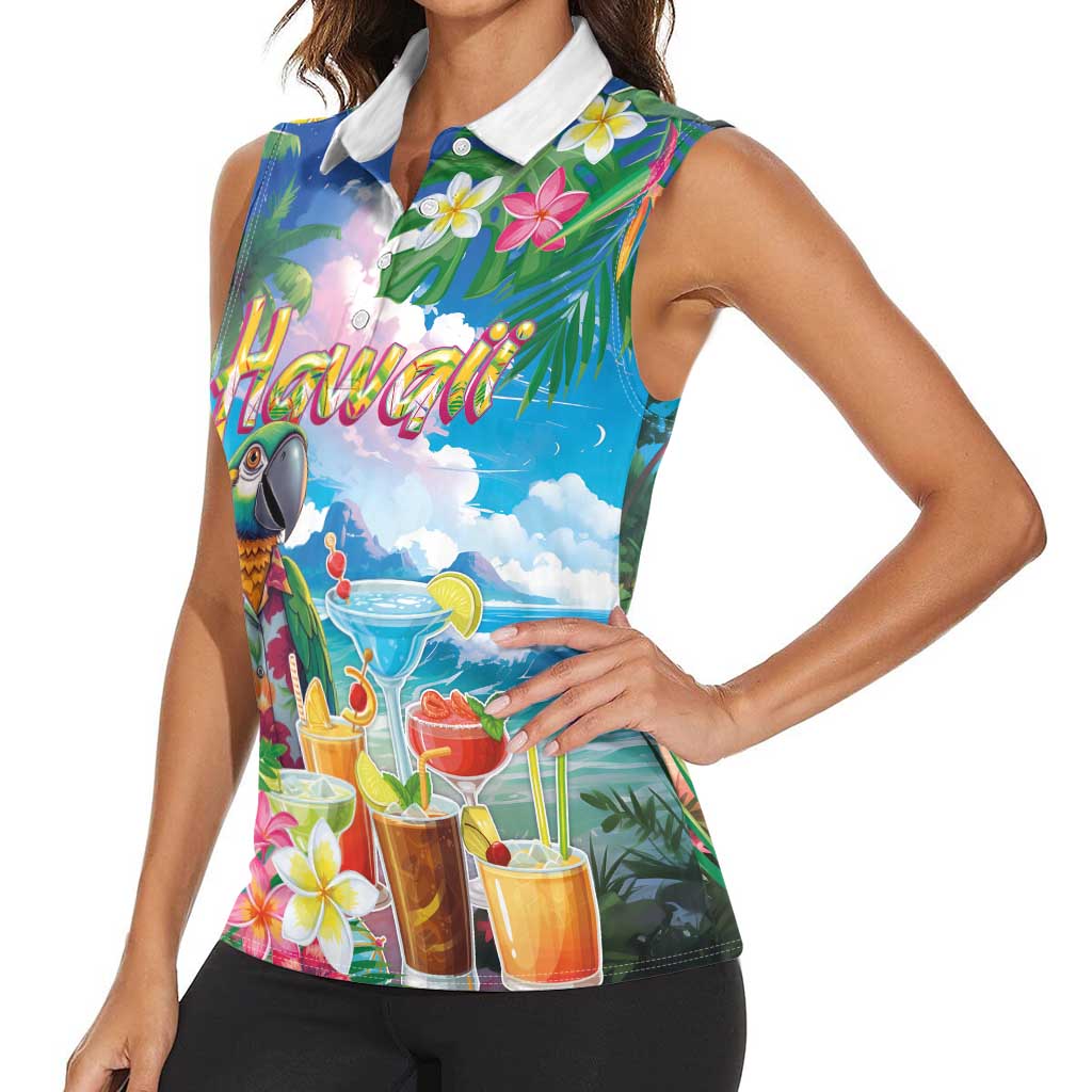 Hawaii Cocktails Women Sleeveless Polo Shirt Parrot with Cute Beach Landscape and Tropical Plants