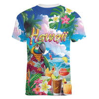 Hawaii Cocktails Women V-Neck T-Shirt Parrot with Cute Beach Landscape and Tropical Plants