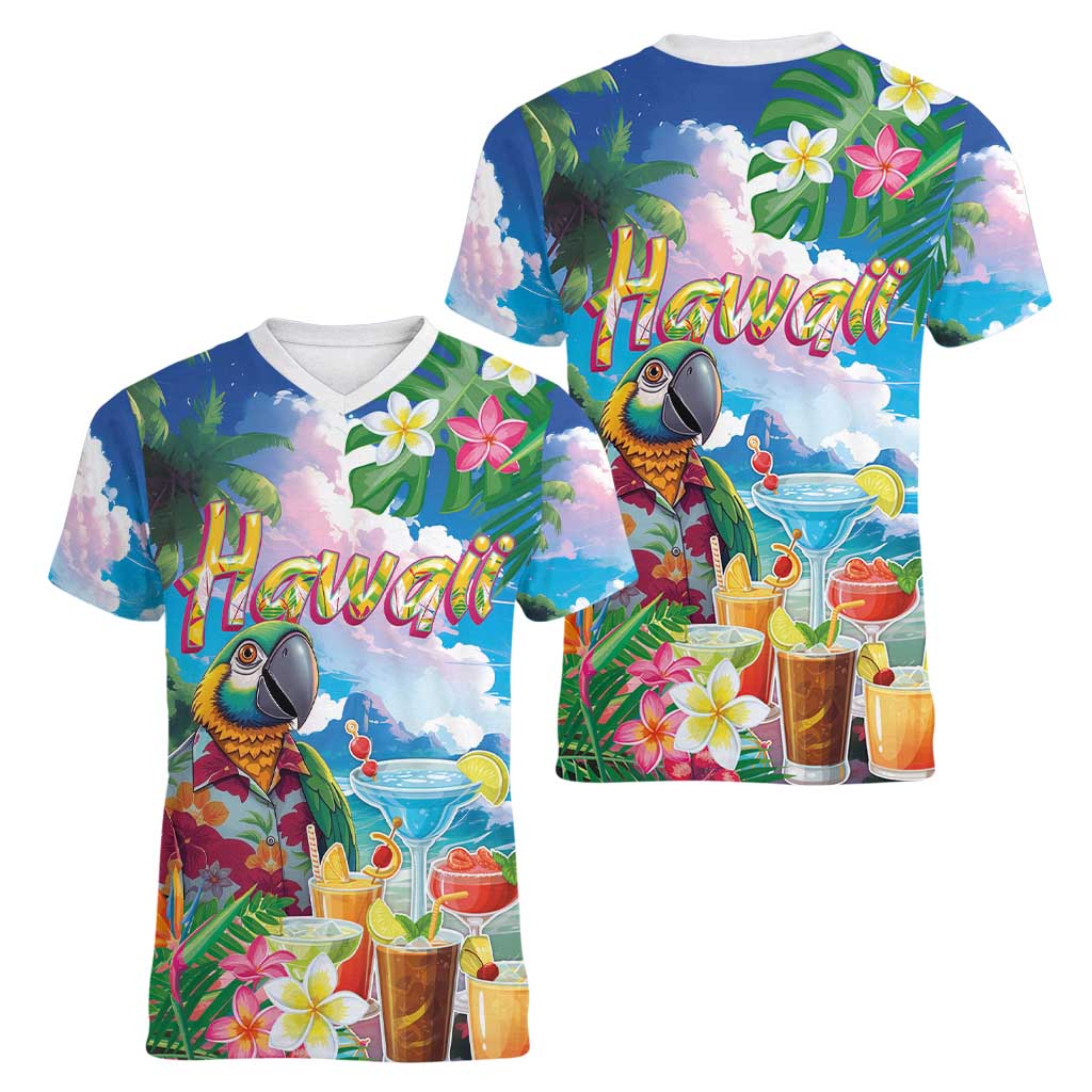Hawaii Cocktails Women V-Neck T-Shirt Parrot with Cute Beach Landscape and Tropical Plants
