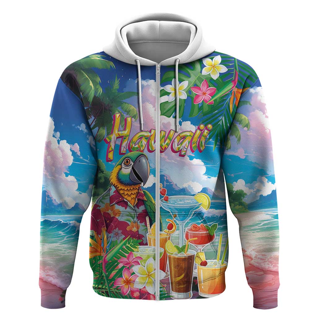 Hawaii Cocktails Zip Hoodie Parrot with Cute Beach Landscape and Tropical Plants