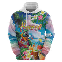 Hawaii Cocktails Zip Hoodie Parrot with Cute Beach Landscape and Tropical Plants