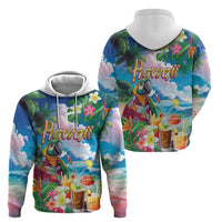 Hawaii Cocktails Zip Hoodie Parrot with Cute Beach Landscape and Tropical Plants