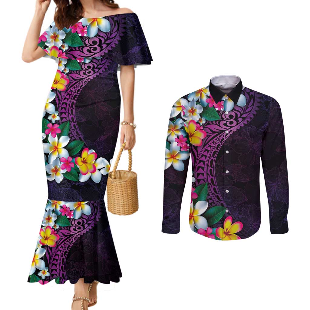 Hawaiian Plumeria-Polynesian Art Tattoo Mauve Color Couples Matching Mermaid Dress and Long Sleeve Button Shirt