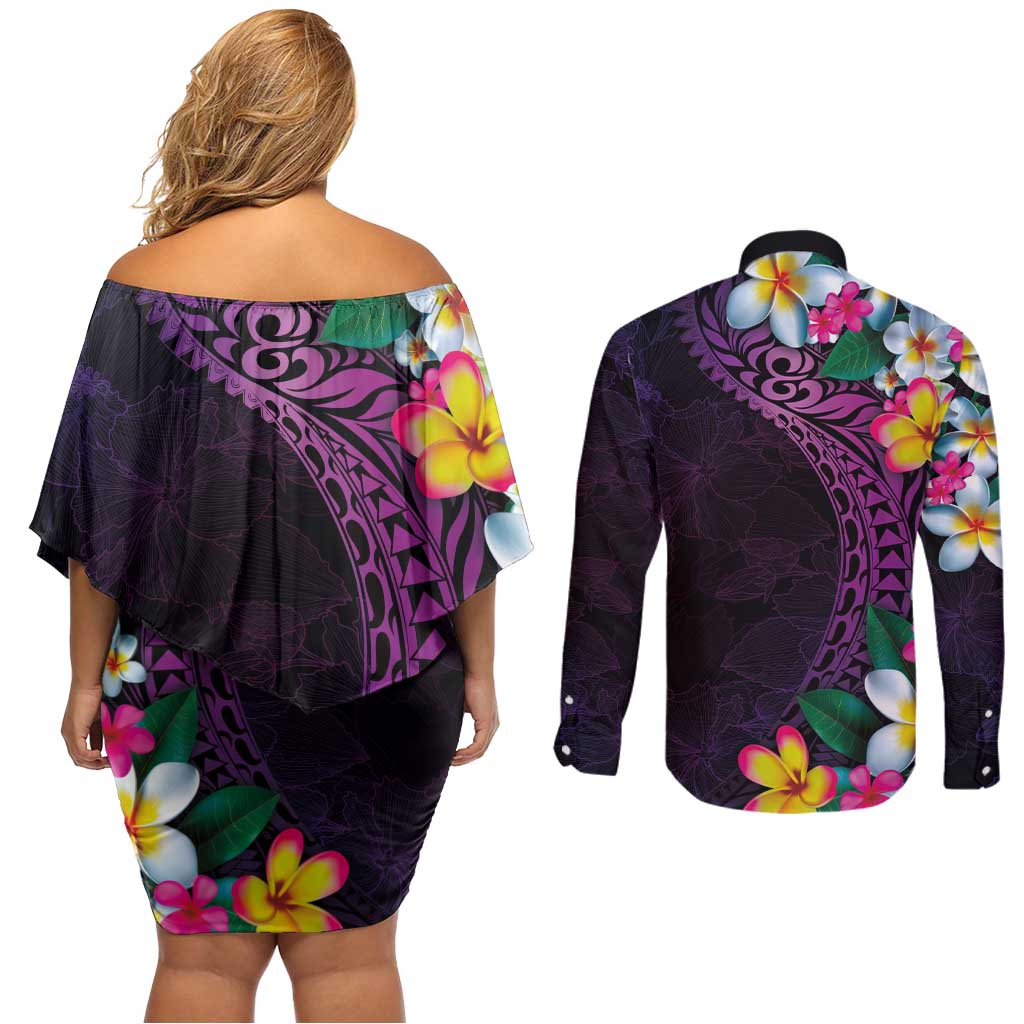 Hawaiian Plumeria-Polynesian Art Tattoo Mauve Color Couples Matching Off Shoulder Short Dress and Long Sleeve Button Shirt