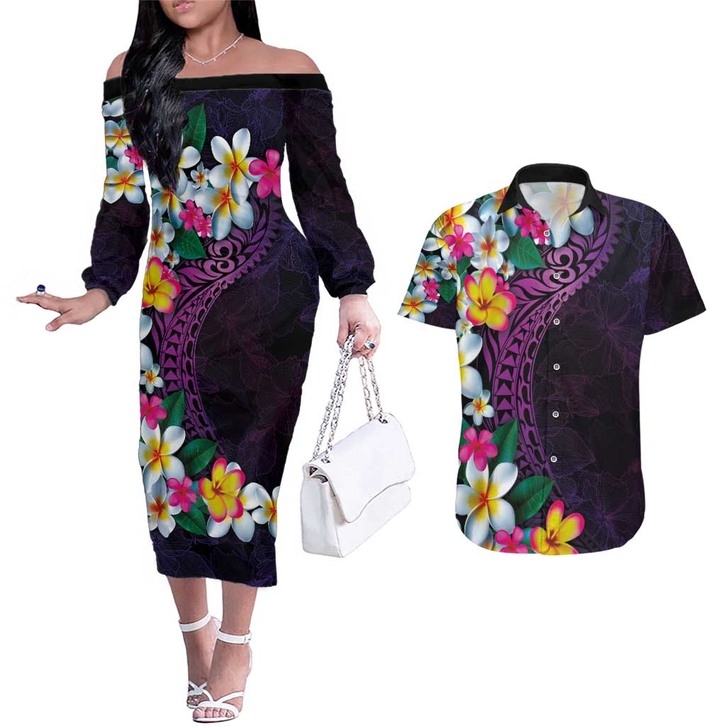 Hawaiian Plumeria-Polynesian Art Tattoo Mauve Color Couples Matching Off The Shoulder Long Sleeve Dress and Hawaiian Shirt LT03 Purple - Polynesian Pride