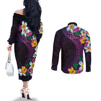Hawaiian Plumeria-Polynesian Art Tattoo Mauve Color Couples Matching Off The Shoulder Long Sleeve Dress and Long Sleeve Button Shirt