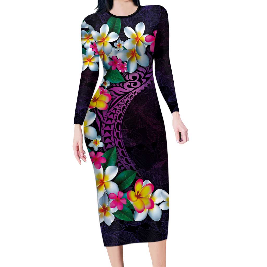 Hawaiian Plumeria-Polynesian Art Tattoo Mauve Color Family Matching Long Sleeve Bodycon Dress and Hawaiian Shirt