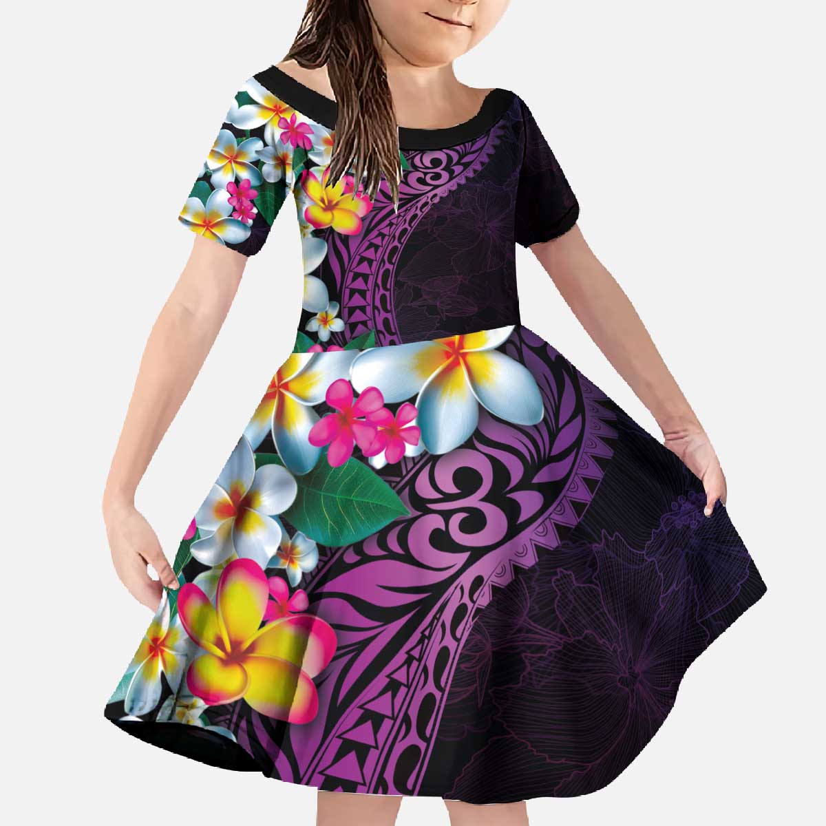 Hawaiian Plumeria-Polynesian Art Tattoo Mauve Color Family Matching Off The Shoulder Long Sleeve Dress and Hawaiian Shirt