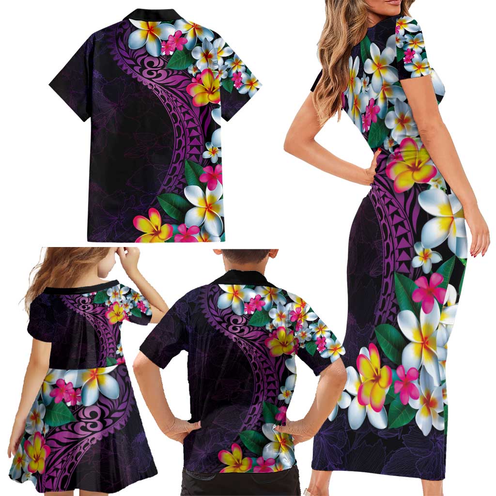 Hawaiian Plumeria-Polynesian Art Tattoo Mauve Color Family Matching Short Sleeve Bodycon Dress and Hawaiian Shirt
