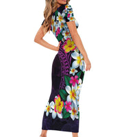 Hawaiian Plumeria-Polynesian Art Tattoo Mauve Color Family Matching Short Sleeve Bodycon Dress and Hawaiian Shirt
