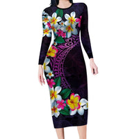 Hawaiian Plumeria-Polynesian Art Tattoo Mauve Color Long Sleeve Bodycon Dress