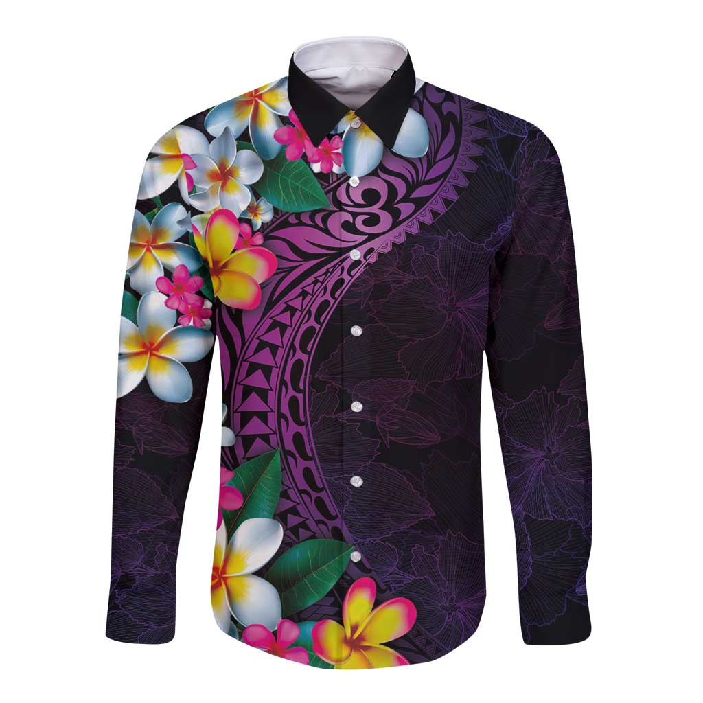 Hawaiian Plumeria-Polynesian Art Tattoo Mauve Color Long Sleeve Button Shirt