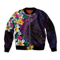 Hawaiian Plumeria-Polynesian Art Tattoo Mauve Color Sleeve Zip Bomber Jacket