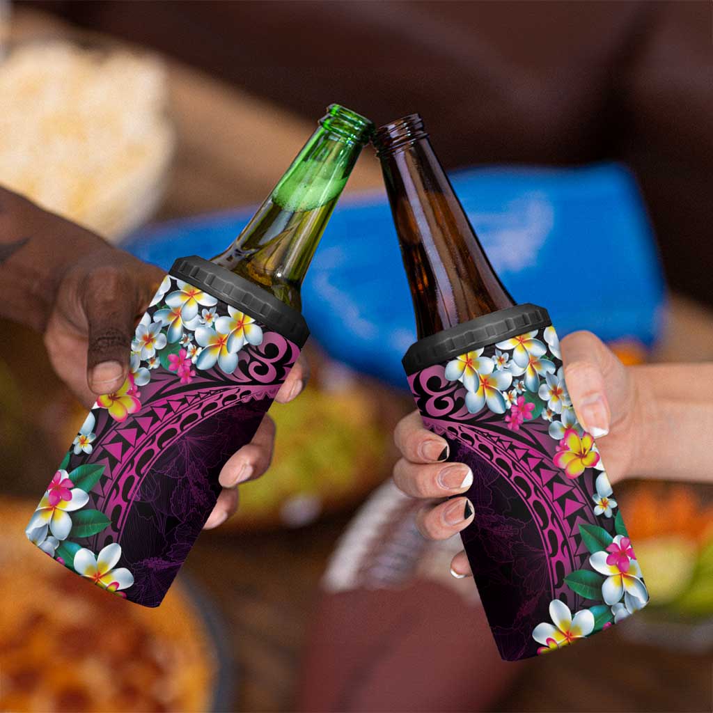 Hawaiian Plumeria-Polynesian Art Tattoo Plum Pink Color 4 in 1 Can Cooler Tumbler