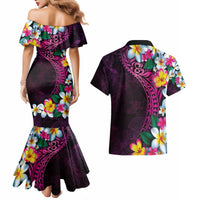 Hawaiian Plumeria-Polynesian Art Tattoo Plum Pink Color Couples Matching Mermaid Dress and Hawaiian Shirt