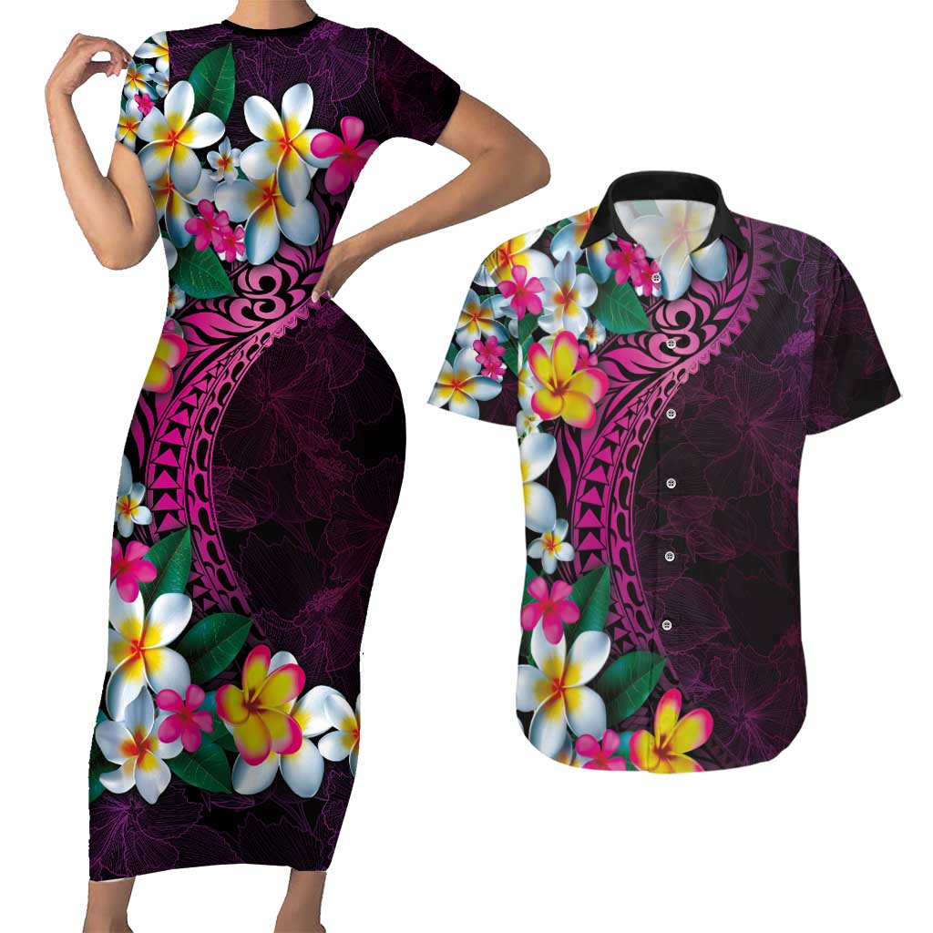 Hawaiian Plumeria-Polynesian Art Tattoo Plum Pink Color Couples Matching Short Sleeve Bodycon Dress and Hawaiian Shirt LT03 Pink - Polynesian Pride