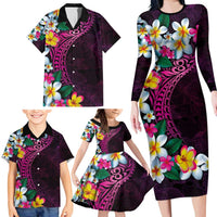 Hawaiian Plumeria-Polynesian Art Tattoo Plum Pink Color Family Matching Long Sleeve Bodycon Dress and Hawaiian Shirt
