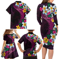 Hawaiian Plumeria-Polynesian Art Tattoo Plum Pink Color Family Matching Long Sleeve Bodycon Dress and Hawaiian Shirt