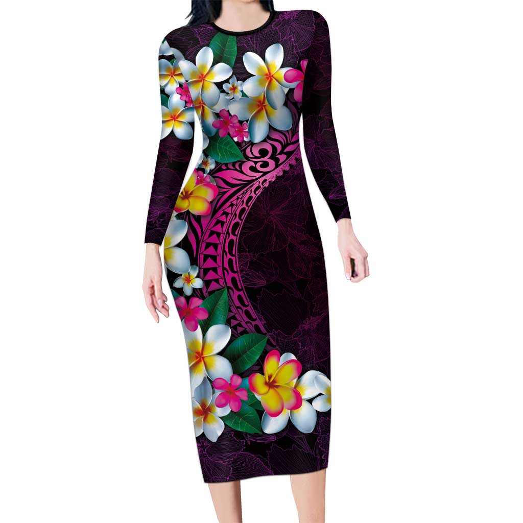 Hawaiian Plumeria-Polynesian Art Tattoo Plum Pink Color Family Matching Long Sleeve Bodycon Dress and Hawaiian Shirt
