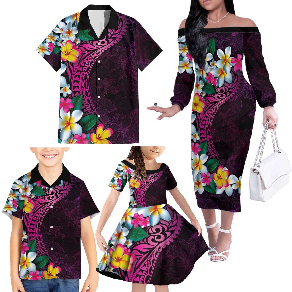 Hawaiian Plumeria-Polynesian Art Tattoo Plum Pink Color Family Matching Off The Shoulder Long Sleeve Dress and Hawaiian Shirt