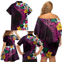 Hawaiian Plumeria-Polynesian Art Tattoo Plum Pink Color Family Matching Off Shoulder Short Dress and Hawaiian Shirt