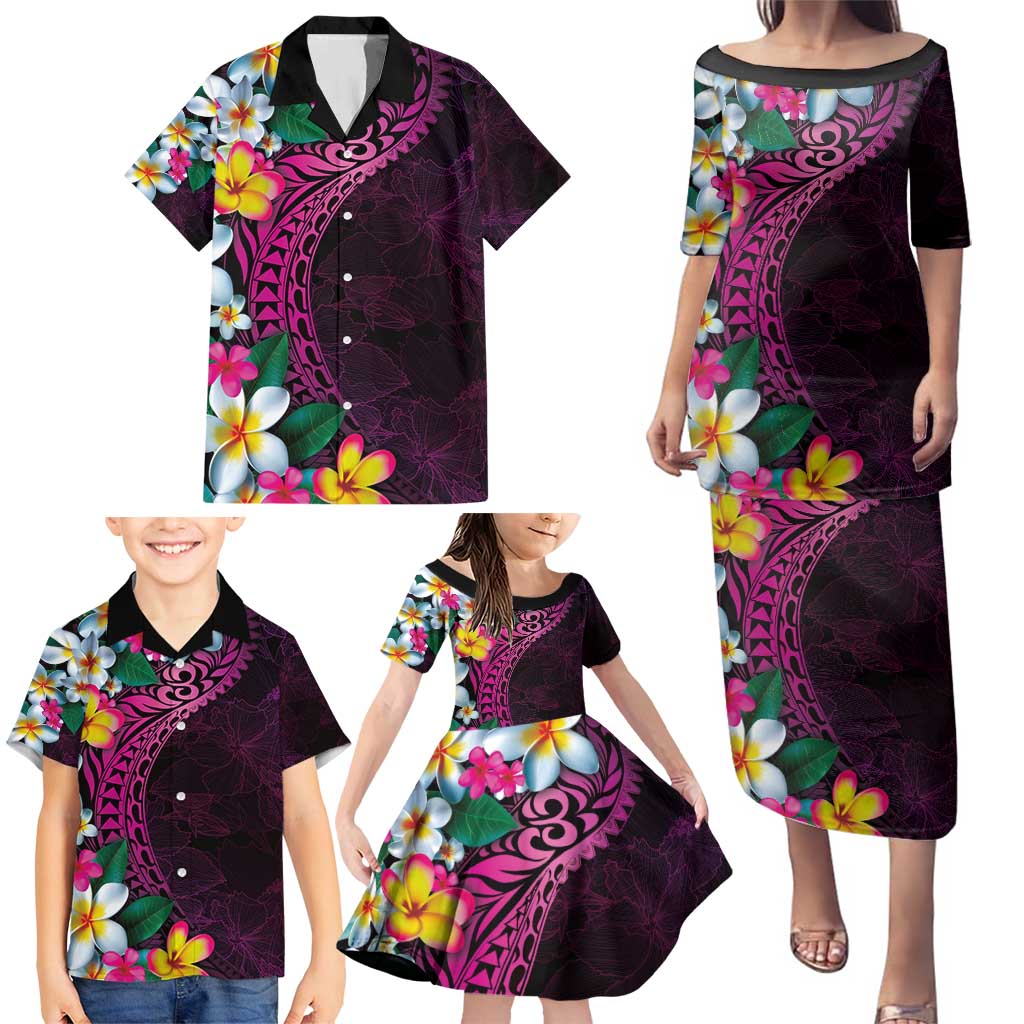 Hawaiian Plumeria-Polynesian Art Tattoo Plum Pink Color Family Matching Puletasi and Hawaiian Shirt