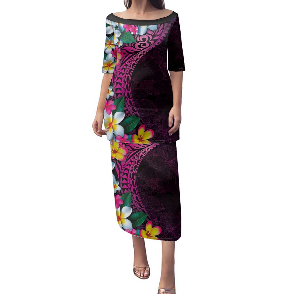 Hawaiian Plumeria-Polynesian Art Tattoo Plum Pink Color Family Matching Puletasi and Hawaiian Shirt