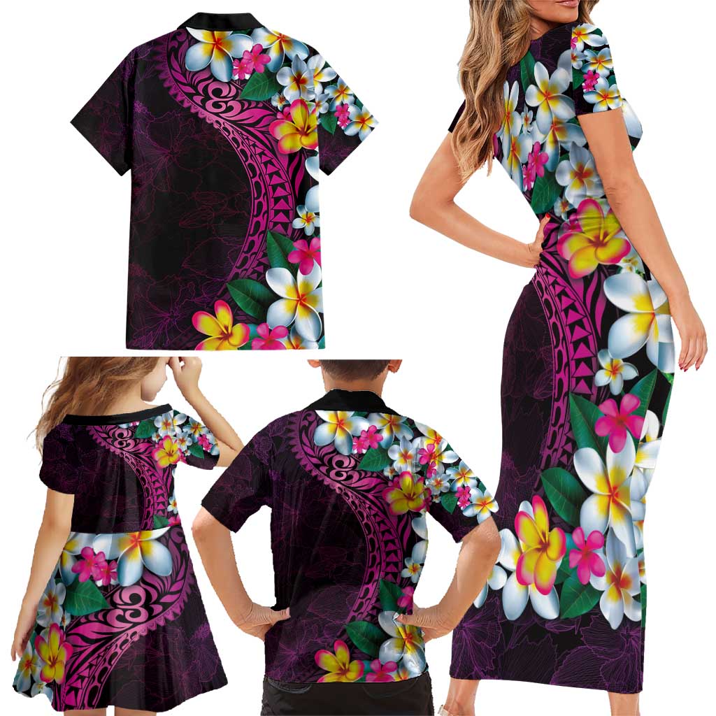 Hawaiian Plumeria-Polynesian Art Tattoo Plum Pink Color Family Matching Short Sleeve Bodycon Dress and Hawaiian Shirt