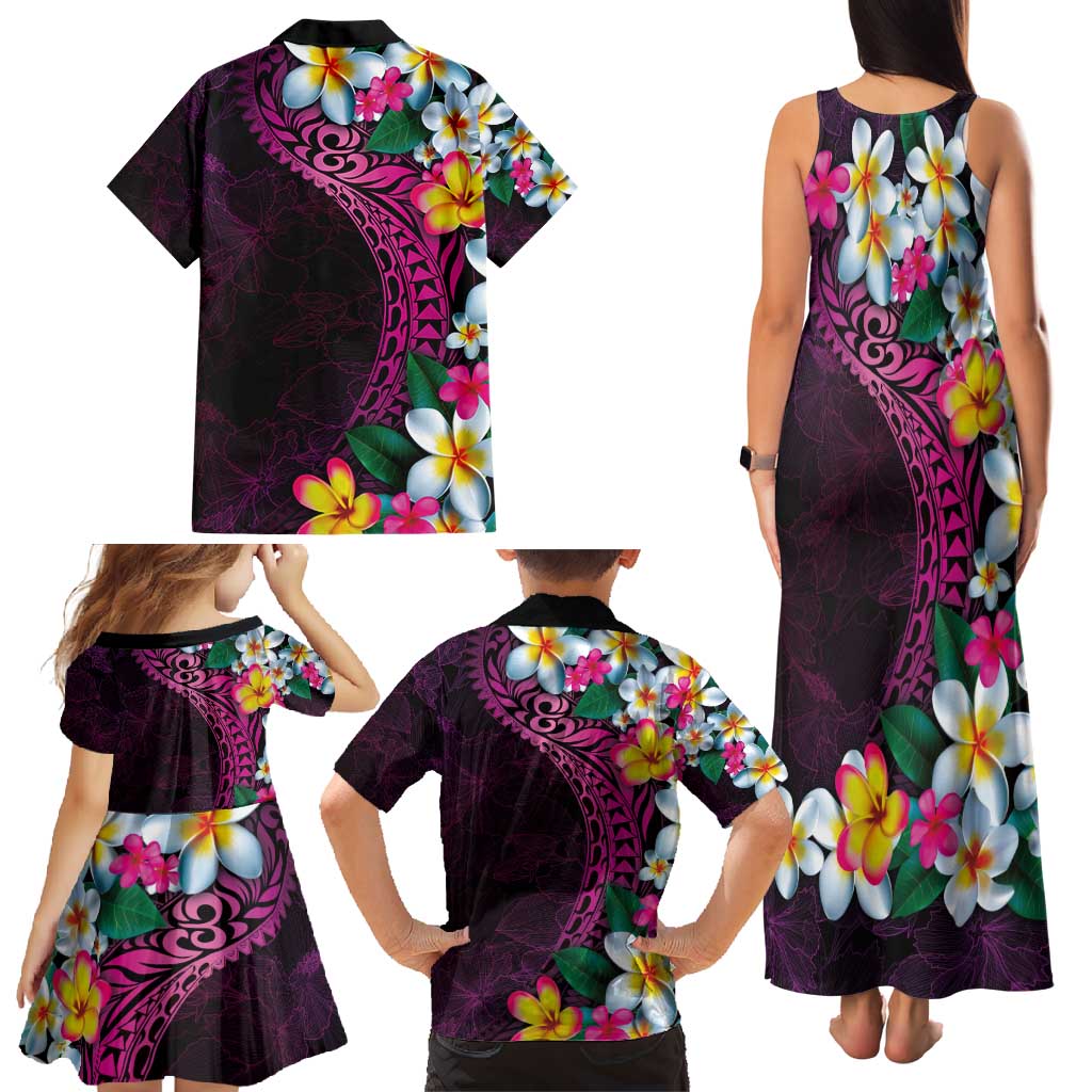 Hawaiian Plumeria-Polynesian Art Tattoo Plum Pink Color Family Matching Tank Maxi Dress and Hawaiian Shirt